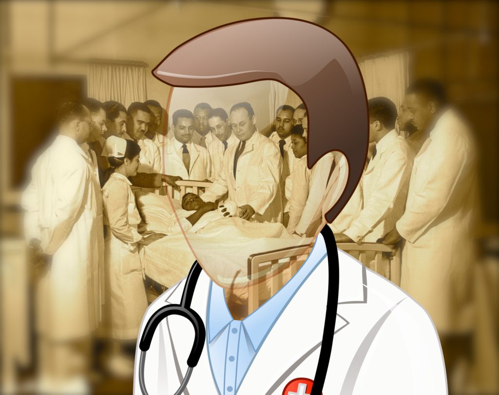 illustrated photo of a doctor laid over sepia photo of doctors