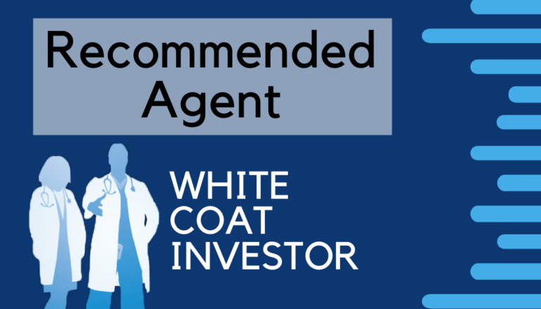 White coat investors logo with recommended agent written out (copy 1)